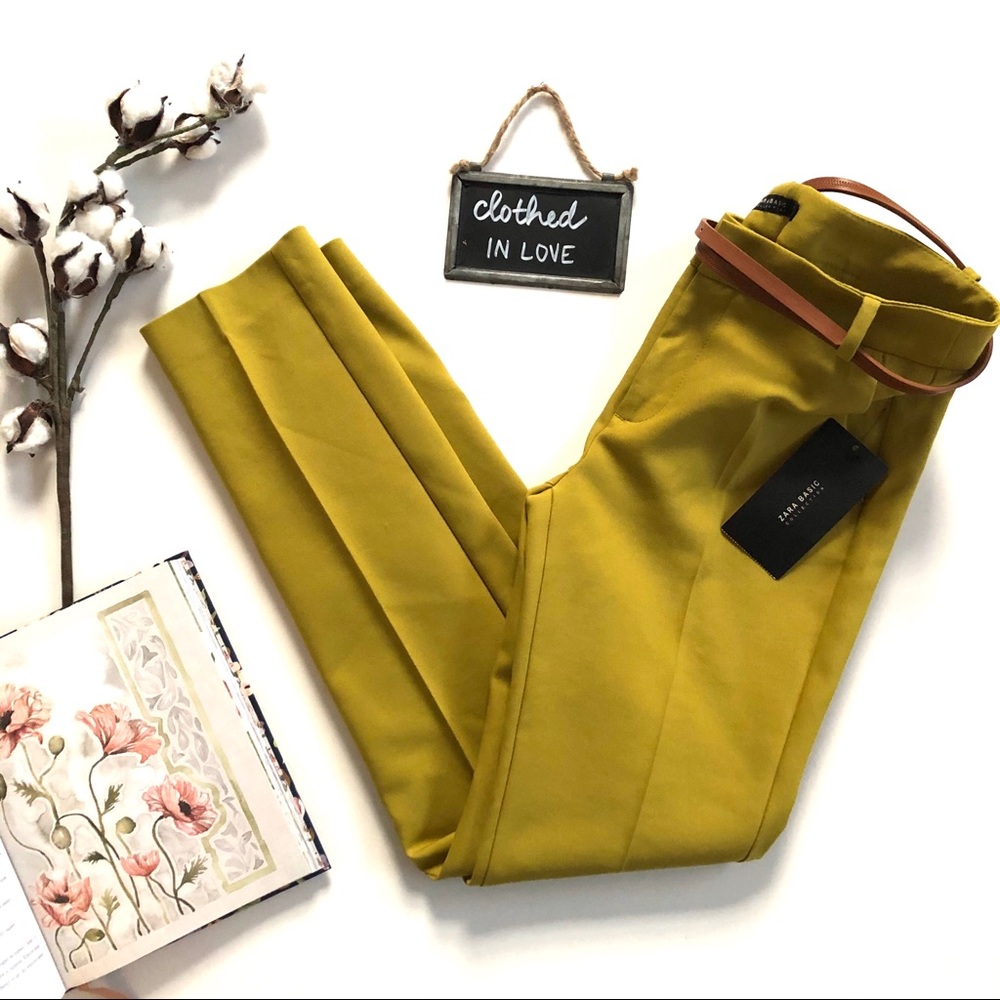 New! Zara Citron Olive Green Belted Trouser Pants - Picture 1 of 6